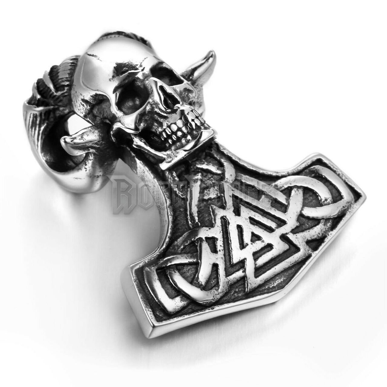 Horned Skull Thor Hammer - acél medál