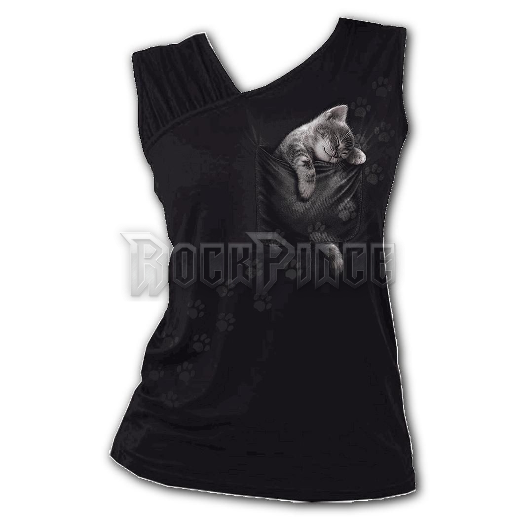 POCKET KITTEN - Gathered Shoulder Slant Vest Black (Plain) - F052G072